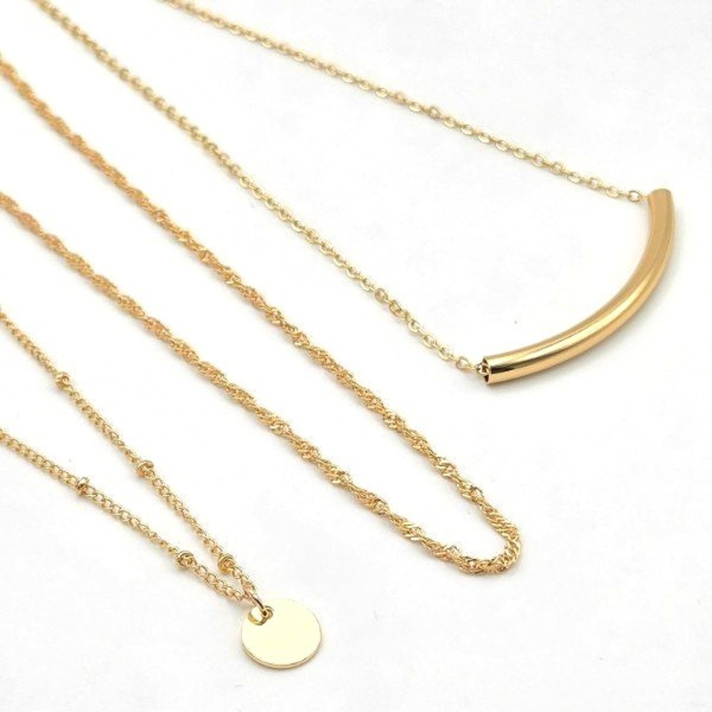 Set of 3‎ Gold Tone Bar Disc Rope Chain Fashion Necklace Minimalist Layered